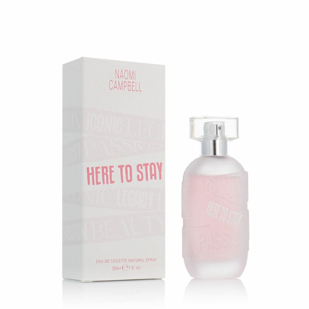 Naomi Campbell Here To Stay Eau de Toilette Spray. Rosa Flakon mit silbernem Verschluss und weißer Verpackung. Text: Here To Stay.