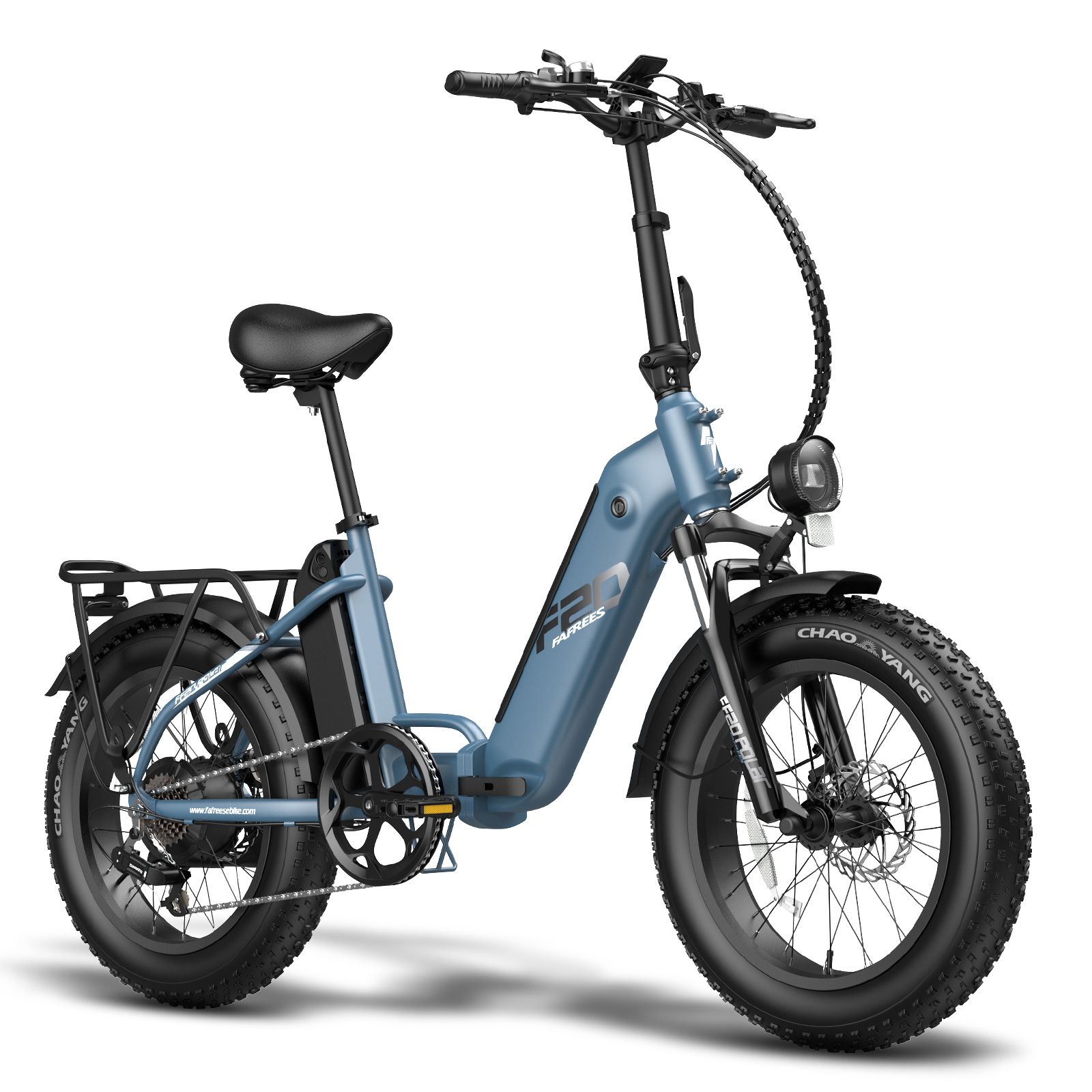 Blaues, faltbares E-Bike. Schwarze Reifen, Sattel und Gepäckträger. Frontlicht. Marke Fafrees.