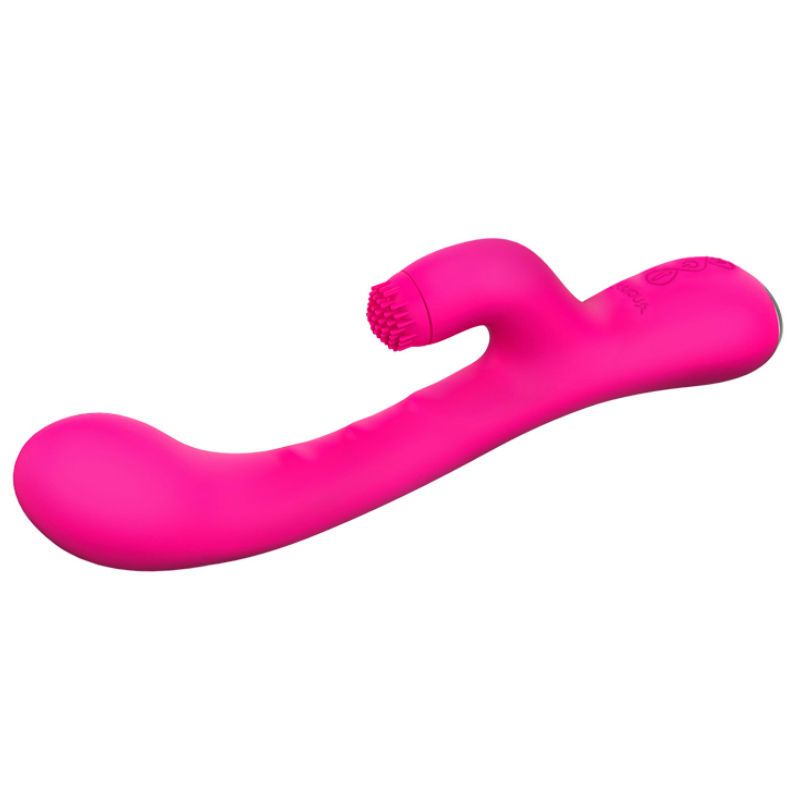 Pinkfarbener Vibrator mit gebogener Form. Oberteil mit Noppen.