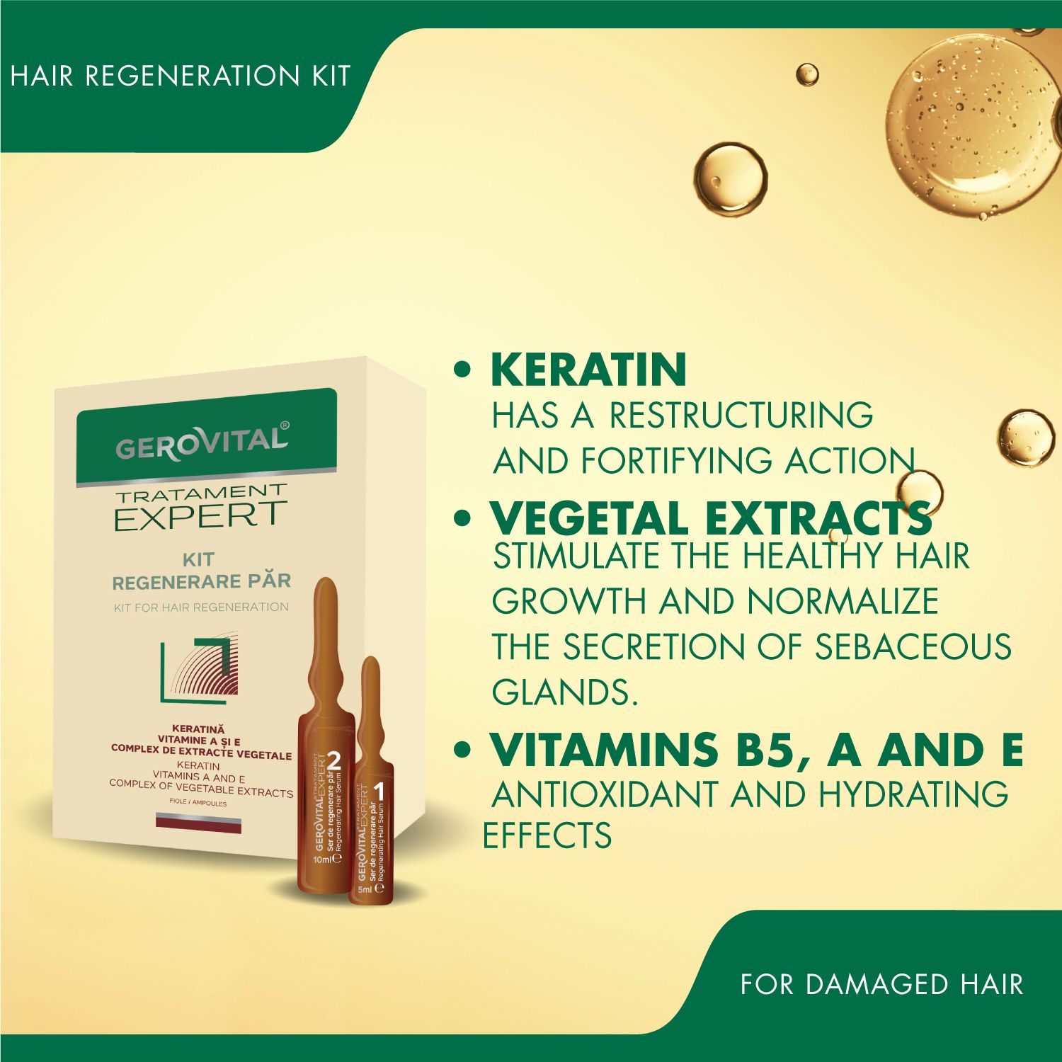 Gerovital Expert Kit mit zwei Ampullen. Text: Keratin, Pflanzenextrakte, Vitamine. Für geschädigtes Haar.