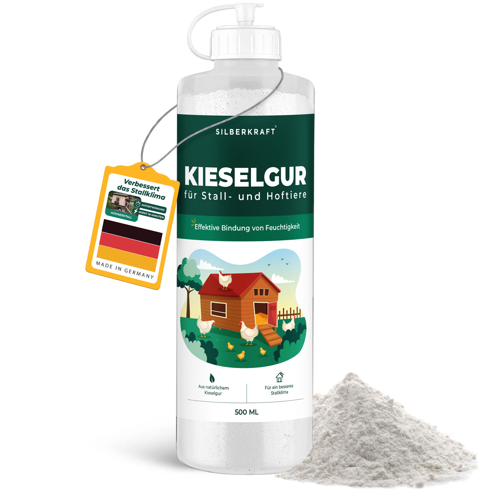 Transparente Flasche SILBERKRAFT Kieselgur mit Etikett und Anhänger. Pulver daneben. Aufschrift: Kieselgur für Stall- und Hoftiere.