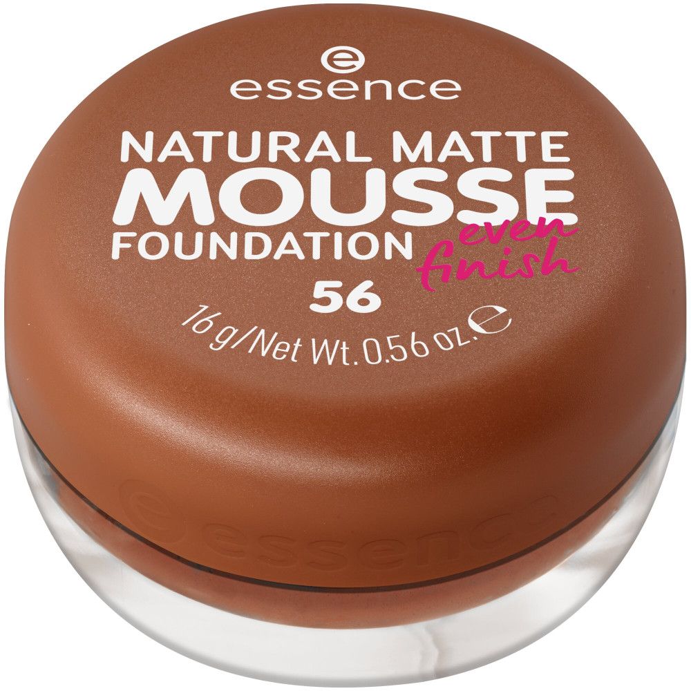 Essence Natural Matte Mousse Foundation. Braune Dose mit Deckel. Aufschrift: Natural Matte Mousse Foundation 56, 16 g/Net Wt. 0.56 oz.