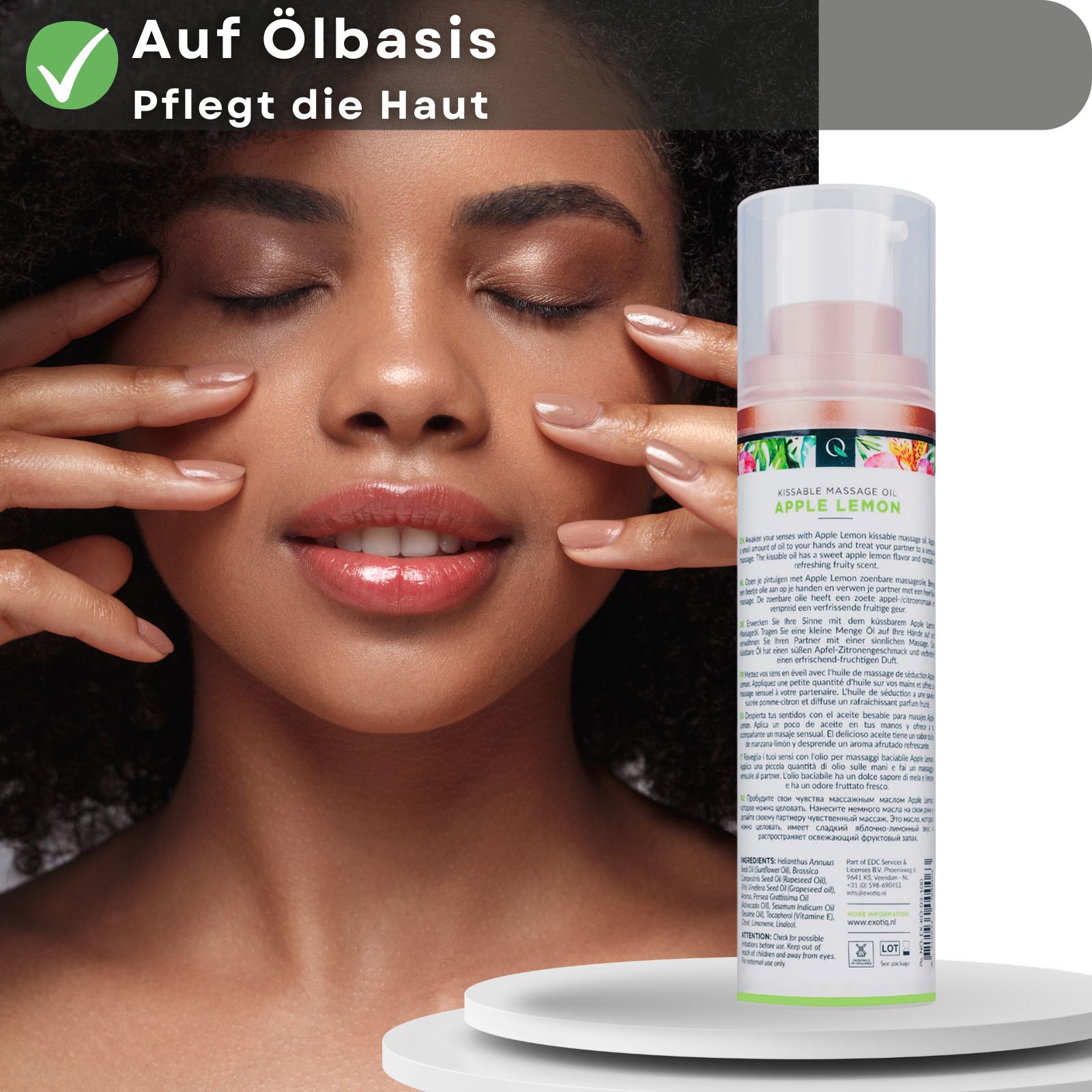 Frau mit geschlossenen Augen, Hände im Gesicht. Massageöl-Flasche im Hintergrund. Text: Auf Ölbasis, pflegt die Haut.
