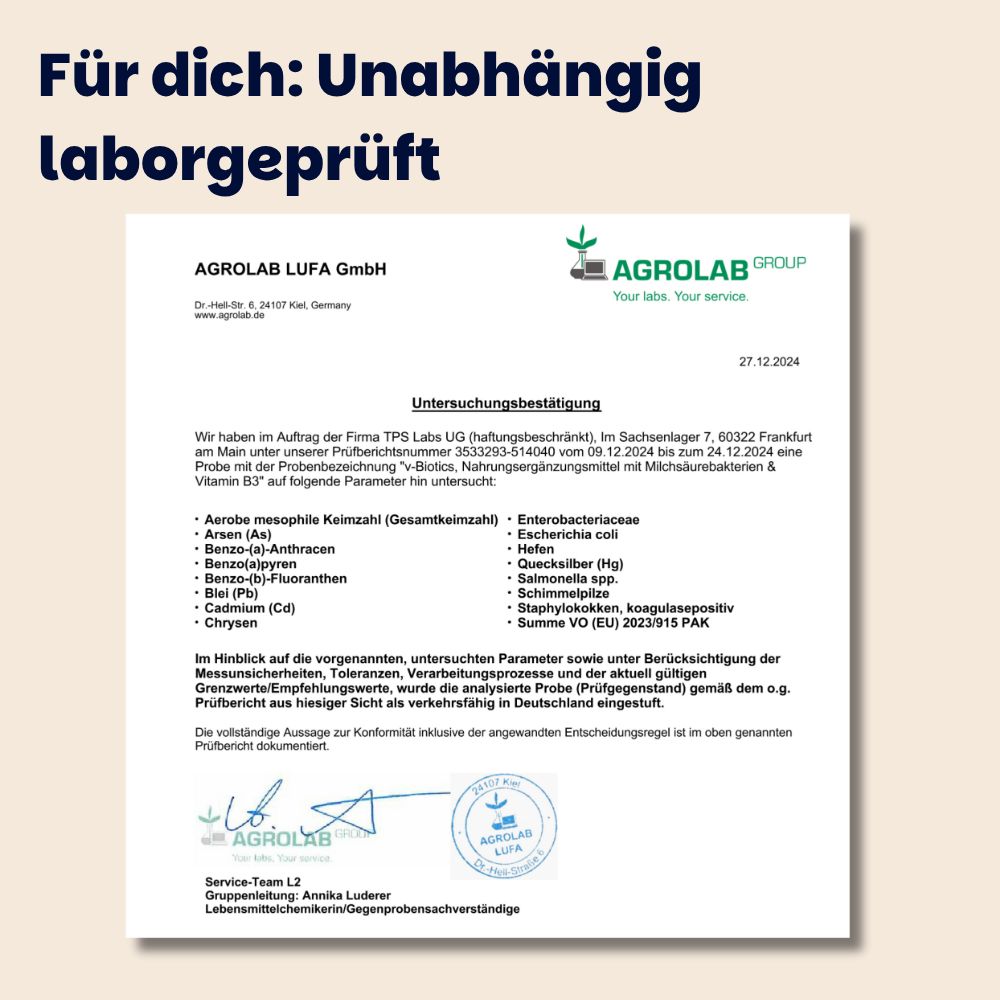AGROLAB LUFA GmbH-Zertifikat. Text: Unabhängig laborgeprüft. Untersuchungsergebnis für V-Biotics. 27.12.2024.