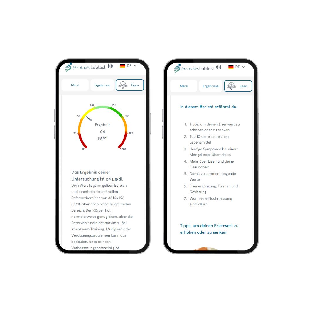 Zwei Smartphones mit Testergebnissen. Ergebnisse für Eisen werden auf beiden Bildschirmen angezeigt, mit Diagrammen und Text.