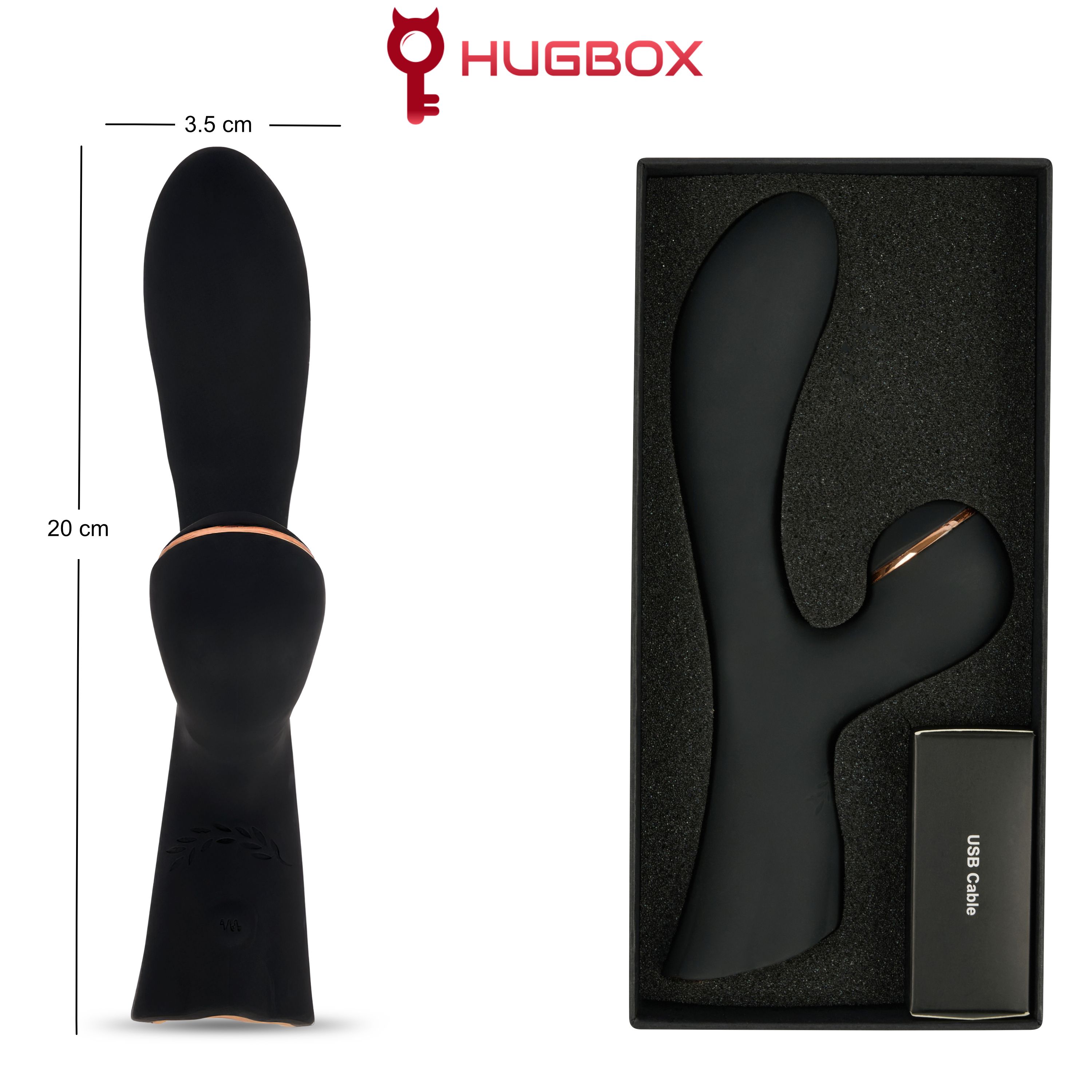 Schwarzes Wellness-Produkt in schwarzer Verpackung. Inklusive USB-Kabel. Abmessungen: 20 cm x 3,5 cm. HUGBOX Logo.