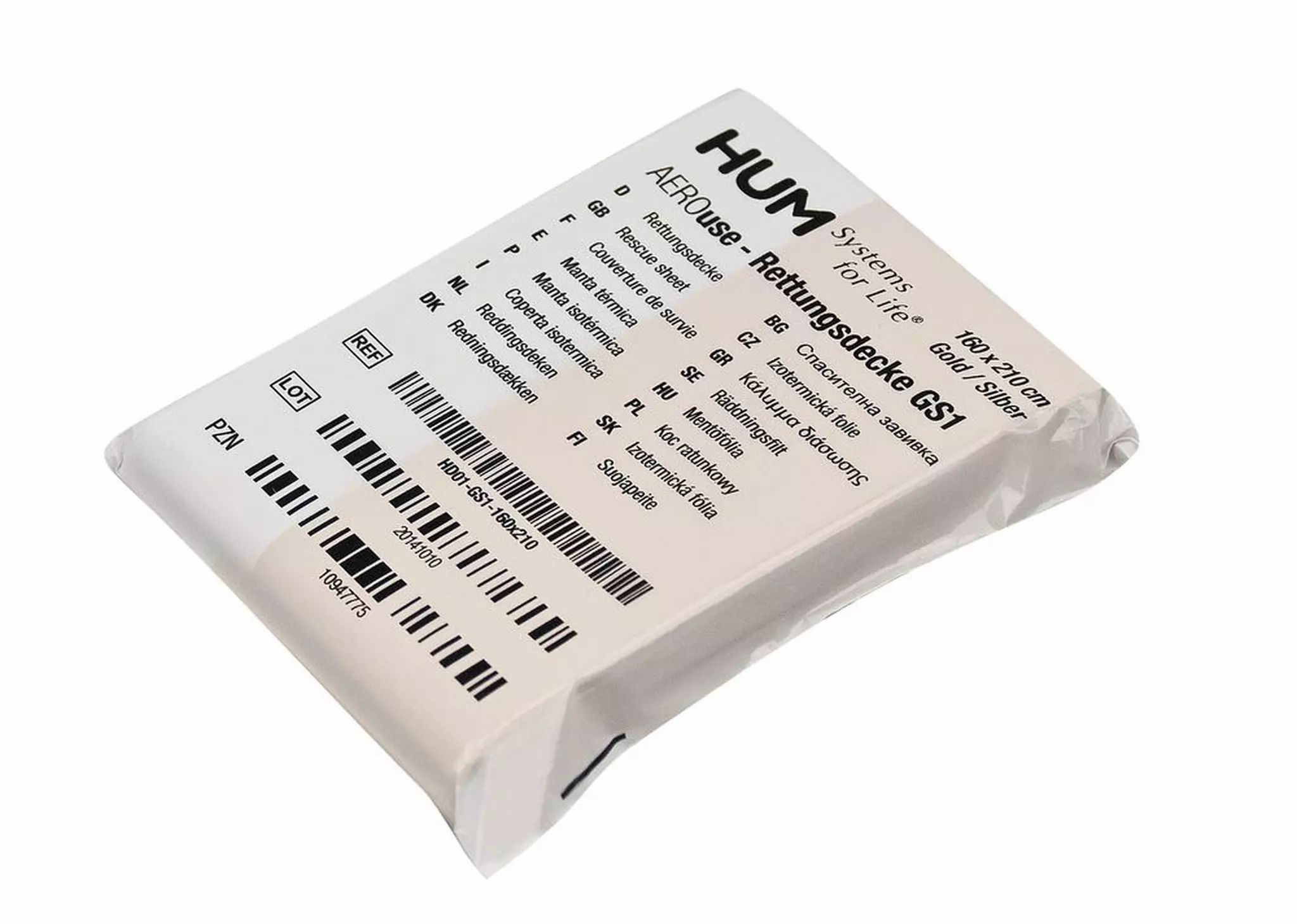 Verpackte Rettungsdecke. Weißes Paket mit Produktinformationen und Barcode. Aufschrift: HUM AEROuse Rettungsdecke GS1.