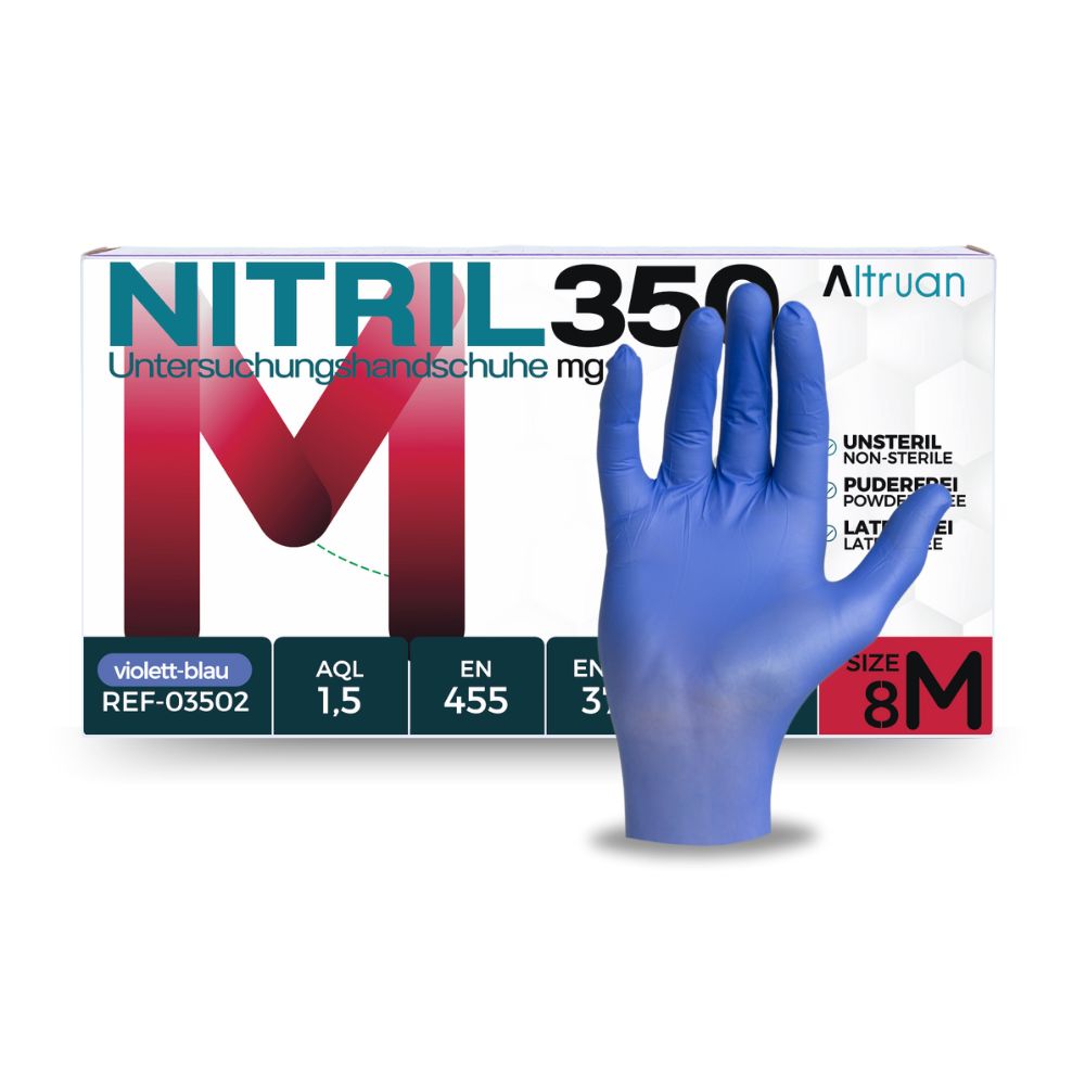 Blaue Nitril 350 Handschuhe, Größe M, neben Verpackung. Text: violett-blau, AQL 1,5, EN 455, EN 374, unsteril, puderfrei, latexfrei.