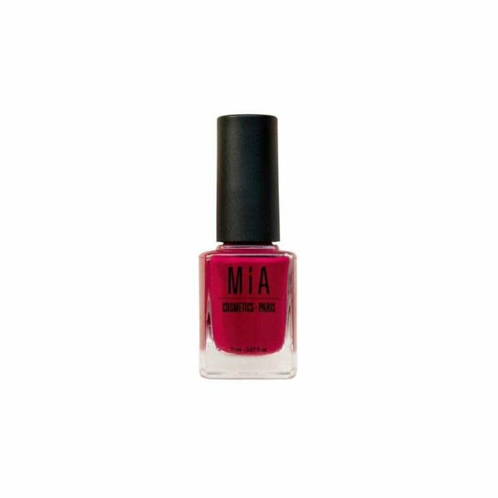 Magentaroter Nagellack in einer Glasflasche mit schwarzem Deckel. Aufschrift: MIA COSMETICS - PARIS.