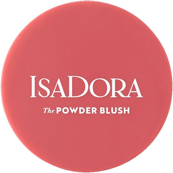 Runder, korallenfarbener IsaDora Powder Blush. Weißer Schriftzug: IsaDora, The Powder Blush. Geschlossene Verpackung.