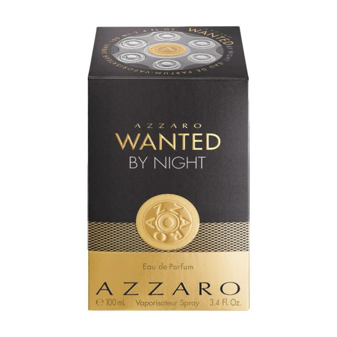 Azzaro Wanted by Night Eau de Parfum. Schwarze Verpackung mit goldenen Details und Logo.