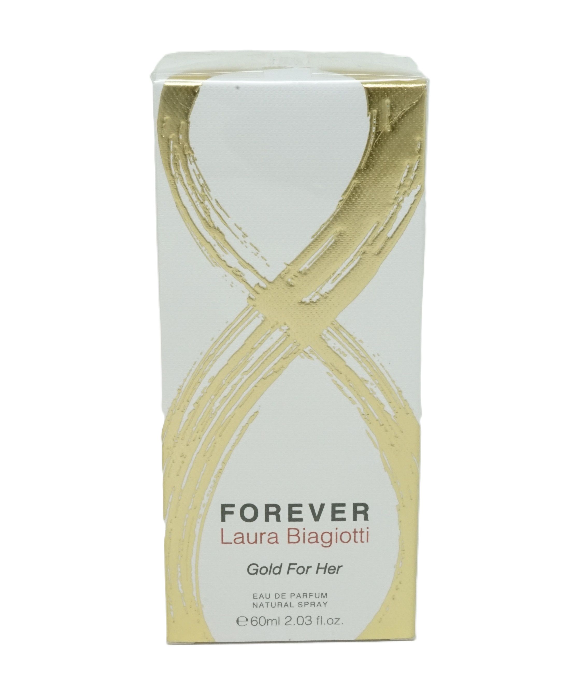 Verpackung von Laura Biagiotti Forever Gold for her. Weißer Karton mit goldenem Design und Produktnamen. 60ml.
