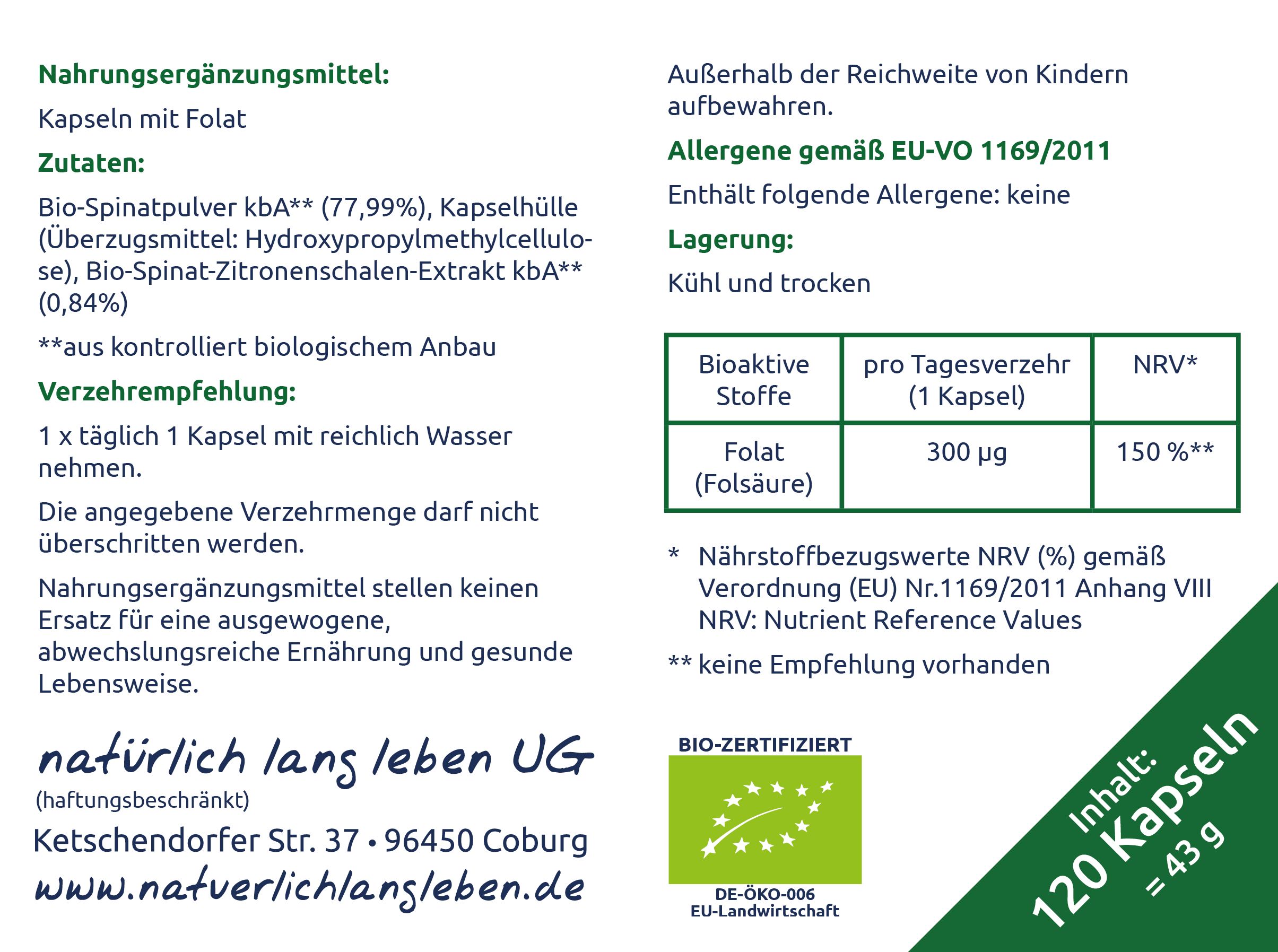 natürlich lang leben BIO Natur Folsäure