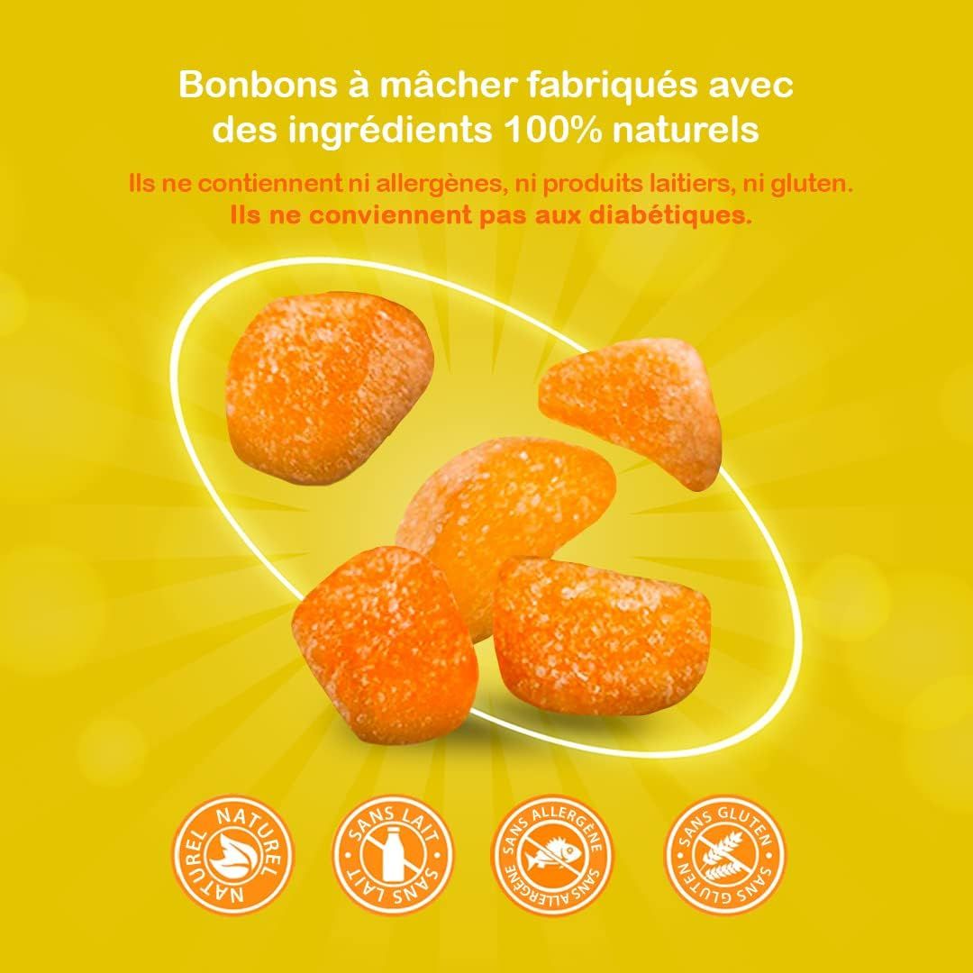 Orangefarbene Gummies in einer gelben Umgebung. Text: Kauenbonbons aus 100% natürlichen Zutaten. Frei von Allergenen, Milchprodukten und Gluten.