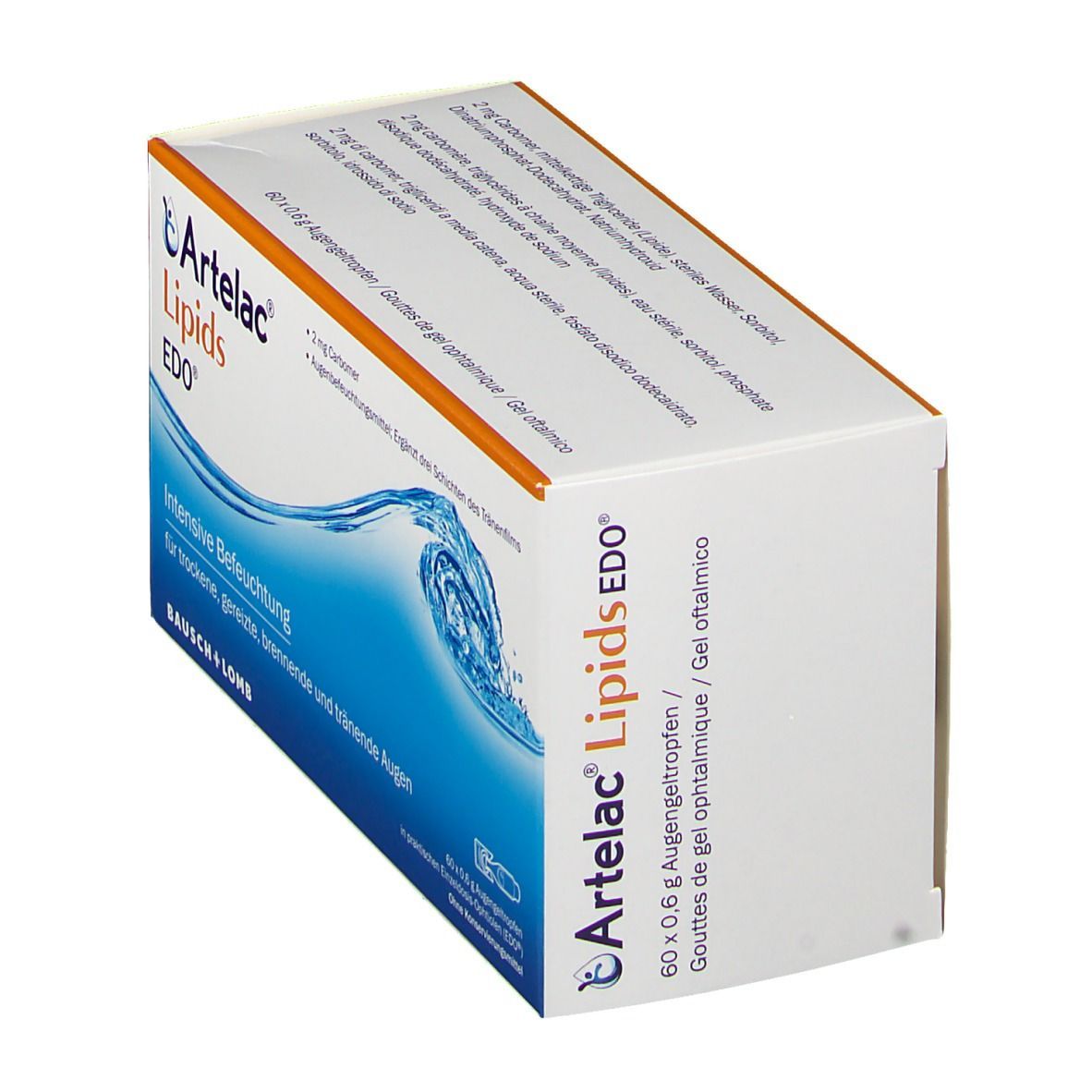 Artelac Lipids EDO® Augengel-Verpackung. Weißer Karton mit blauer Welle und Produktnamen. Orangefarbener Akzent.