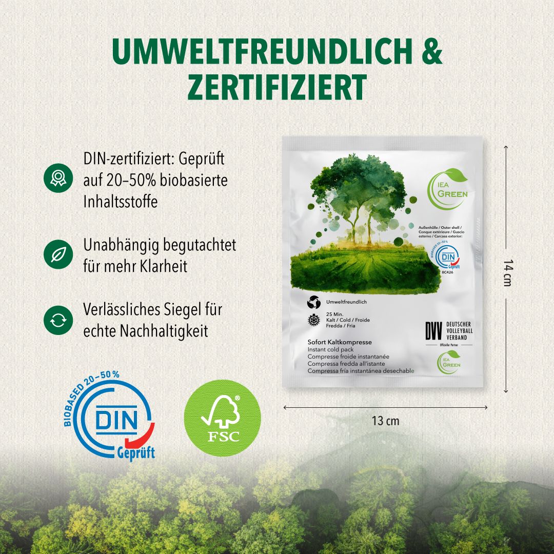 Kältekompresse mit IEA Green Logo. DIN-Zertifizierung, FSC-Siegel. Maße: 13x14 cm. Text: Umweltfreundlich & zertifiziert.