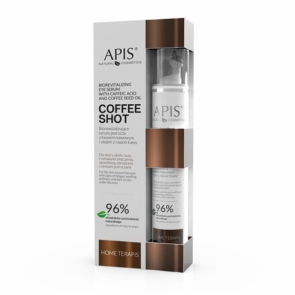 Augenserum in Verpackung. Aufschrift: APIS, COFFEE SHOT, 96% natürliche Inhaltsstoffe. Flasche mit Pumpkopf.