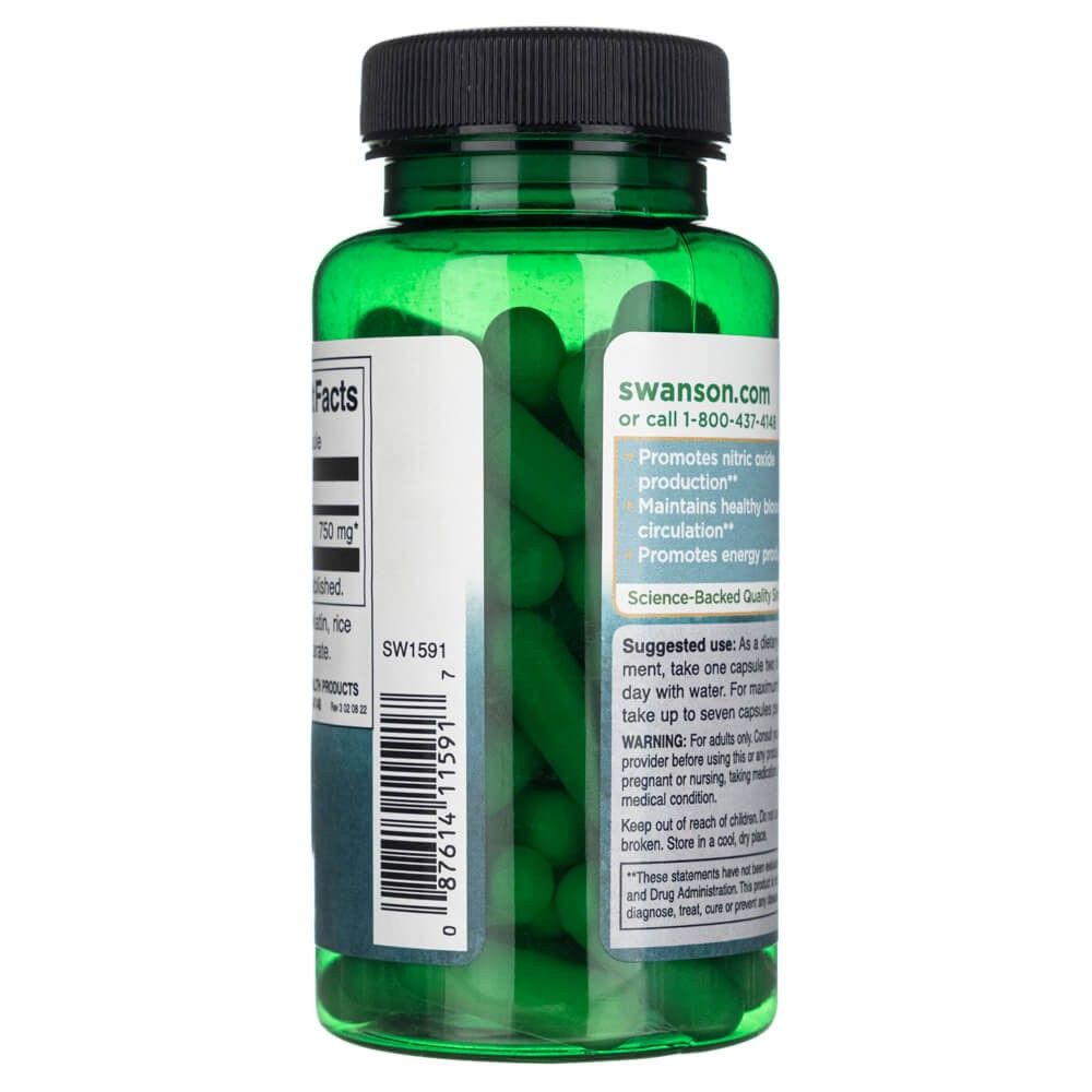 Seitenansicht einer grünen Flasche, die grüne Kapseln enthält. Etikett mit Produktinformationen.