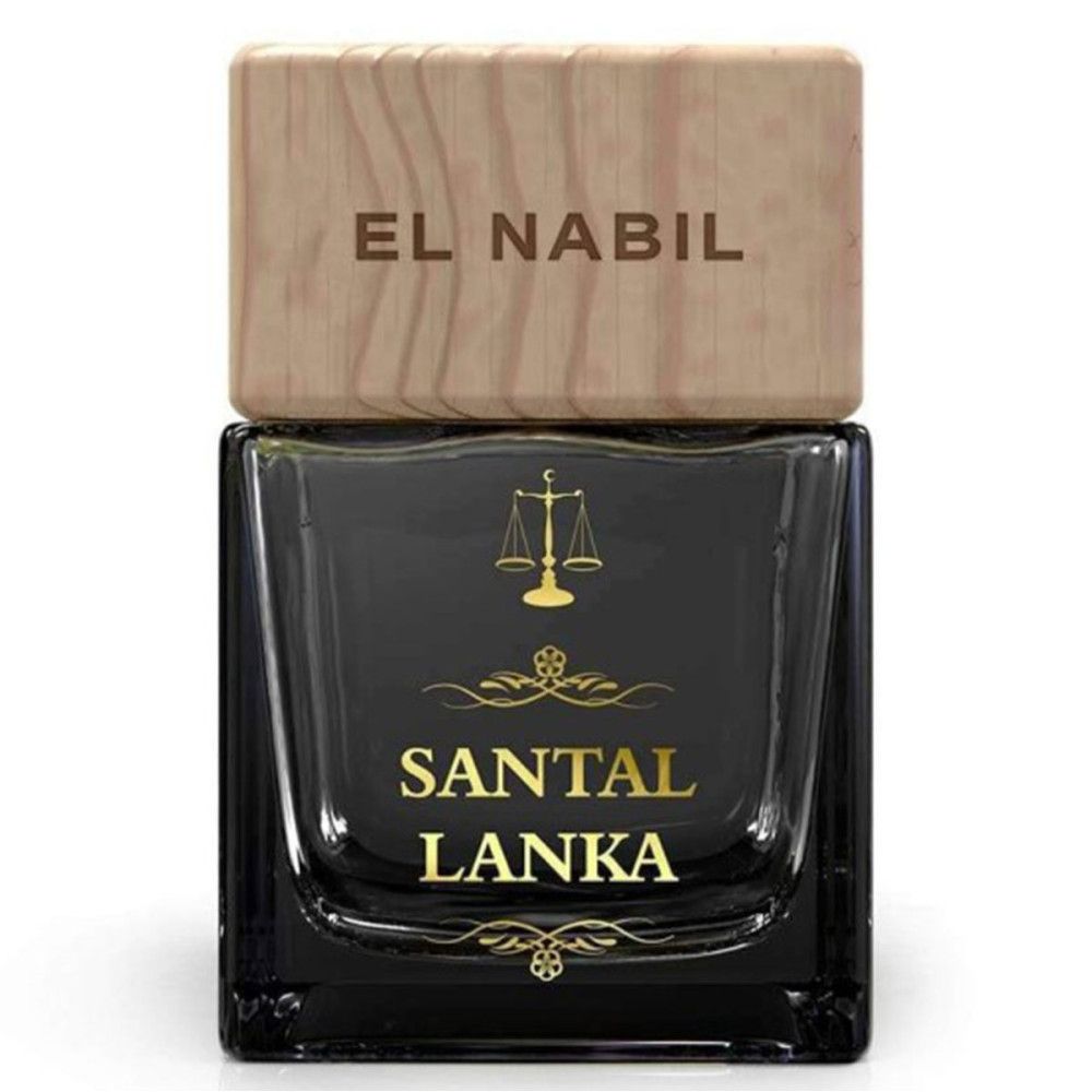 Schwarze Glasflasche mit Holzdeckel. Aufschrift: EL NABIL, SANTAL LANKA. Goldene Verzierungen und Waage-Symbol.