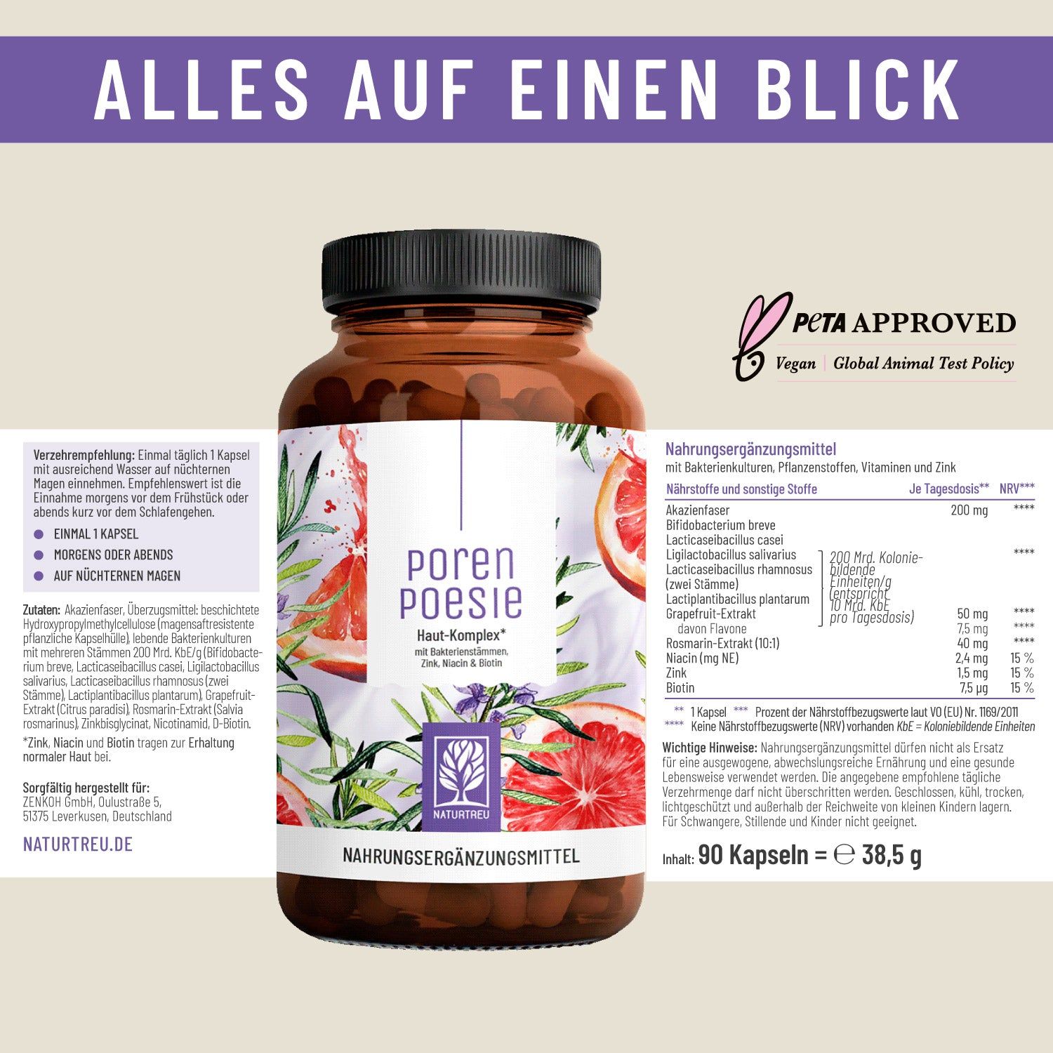 Braune Flasche mit Etikett: PORENPOESIE. Text: Haut-Komplex. Inhaltsstoffe und Nährwerttabelle. PETA-Logo. 90 Kapseln.