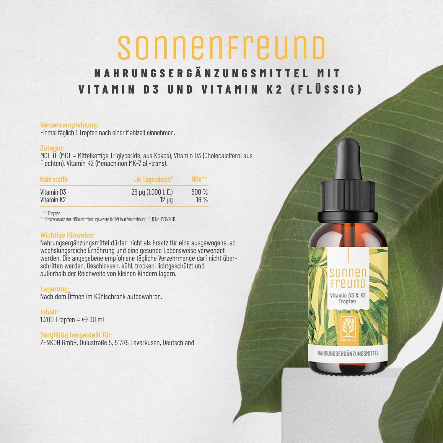 Flasche Sonnenfreund Vitamin D3 & K2 Tropfen neben einem Blatt. Enthält Nährwertangaben und Inhaltsstoffe.