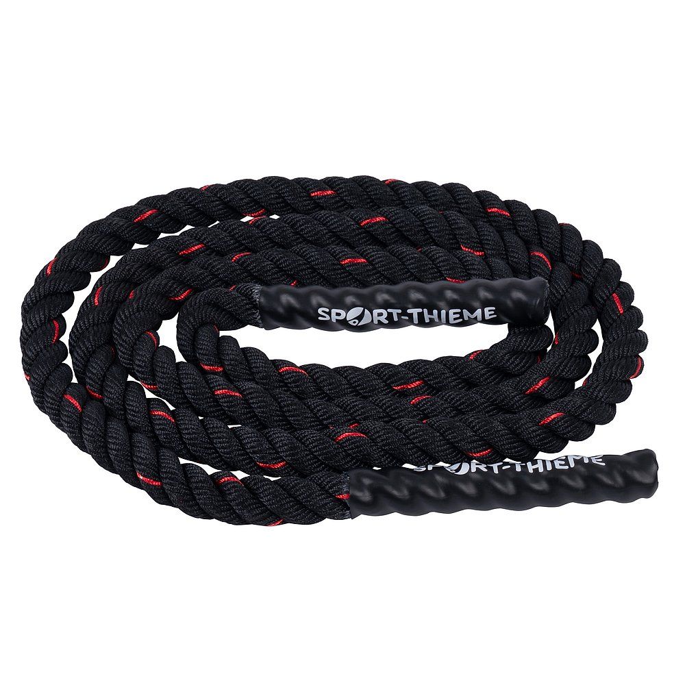 Schwarzes Springseil mit roten Akzenten. Griffe mit Sport-Thieme-Logo. Schweres Seil, gerollt.