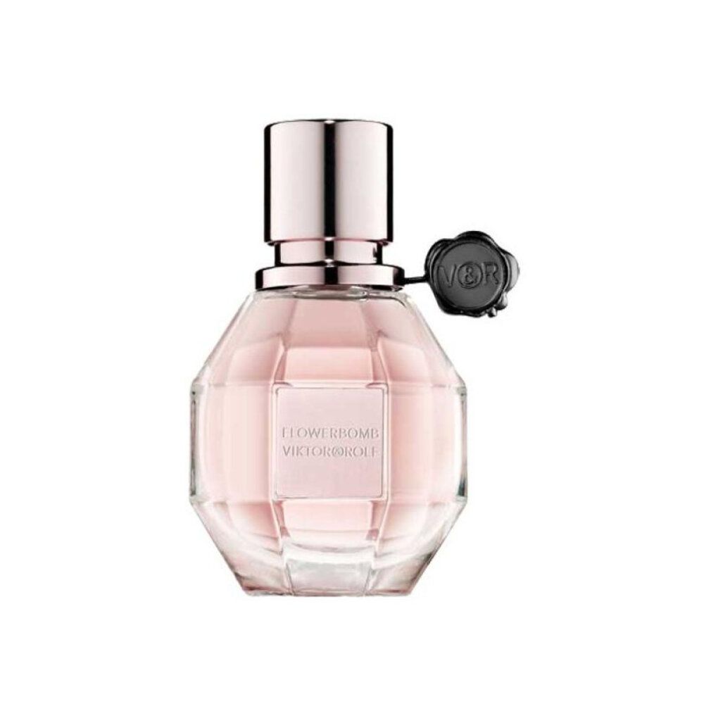 Parfümflakon mit rosafarbenem Inhalt. Aufschrift: Flowerbomb Viktor & Rolf. Schwarzer Verschluss.