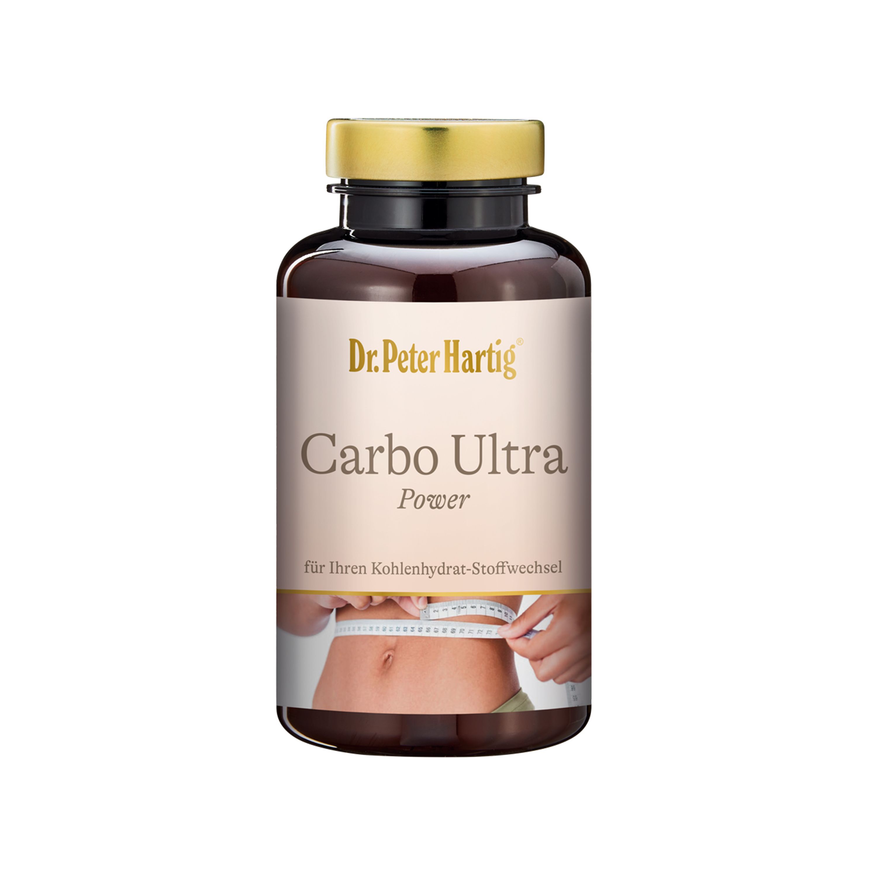 Braune Flasche mit schwarzen Deckel und goldenen Verschluss. Aufschrift: Dr. Peter Hartig Carbo Ultra Power. Bild einer Person, die ihren Bauch misst.