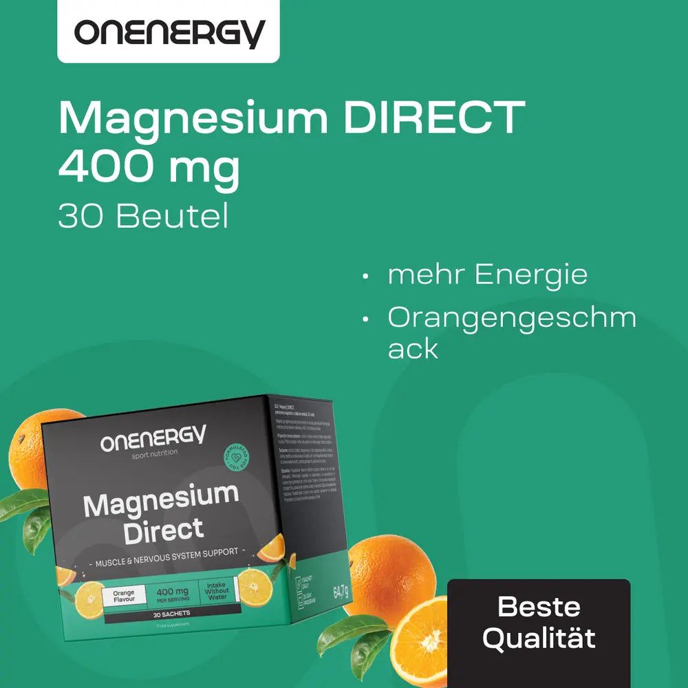 Magnesium DIRECT 400 mg. 30 Beutel. Box mit Produkt und Orangen. Frau im Hintergrund.