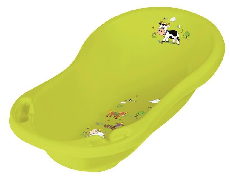 Grüne Babywanne mit Kuh- und Bauernhof-Motiven. Oval, mit abgerundeten Kanten. Aufkleber mit Tieren. Stöpsel nicht sichtbar.