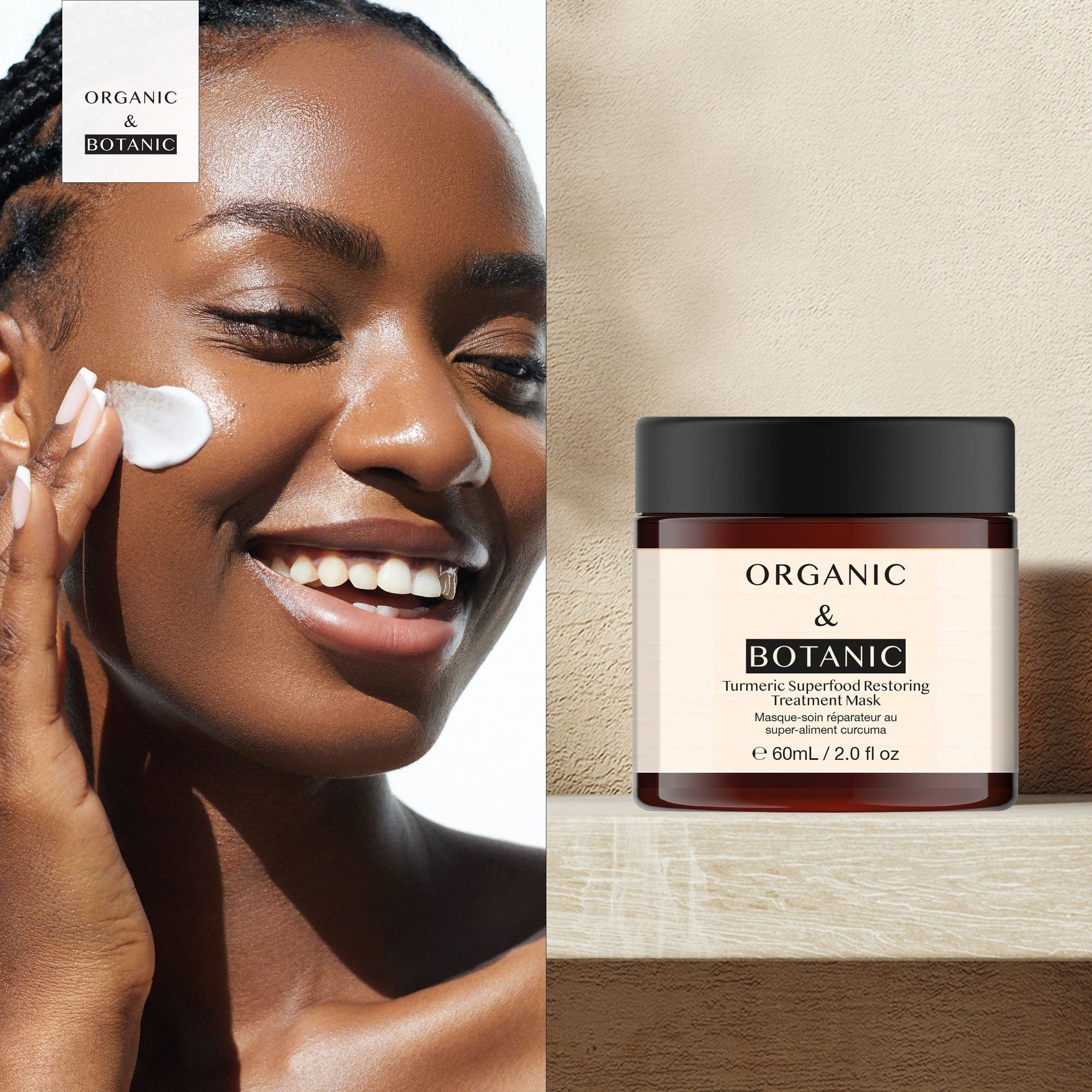 Frau trägt Gesichtsmaske auf. Daneben braune Glasdose mit schwarzem Deckel. Aufschrift: ORGANIC & BOTANIC, Turmeric Superfood Restoring Treatment Mask.