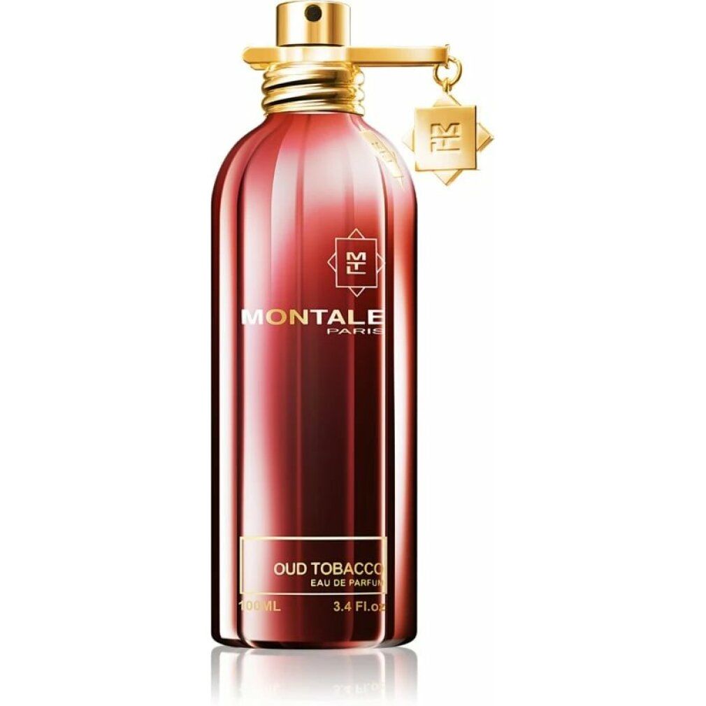 Rote Flasche mit goldfarbenem Verschluss und Anhänger. Aufschrift: MONTALE PARIS, Oud Tobacco, Eau de Parfum.