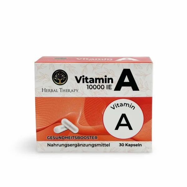 Schachtel mit Vitamin A Kapseln. Aufschrift: Herbal Therapy, Vitamin A 10000 IE, 30 Kapseln. Zwei Kapseln abgebildet. Hintergrund in Orange und Weiß.