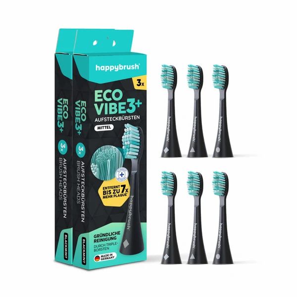 Verpackung und sechs Aufsteckbürsten ECO VIBE 3 Black-Mint. Hergestellt in Deutschland, aus nachwachsenden Rohstoffen.
