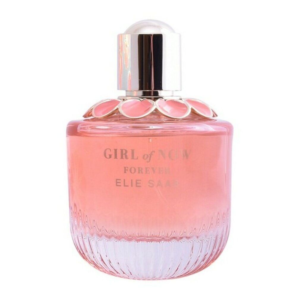Parfümflakon mit silbernem Verschluss und rosa Flüssigkeit. Aufschrift: Girl of Now Forever, Elie Saab.