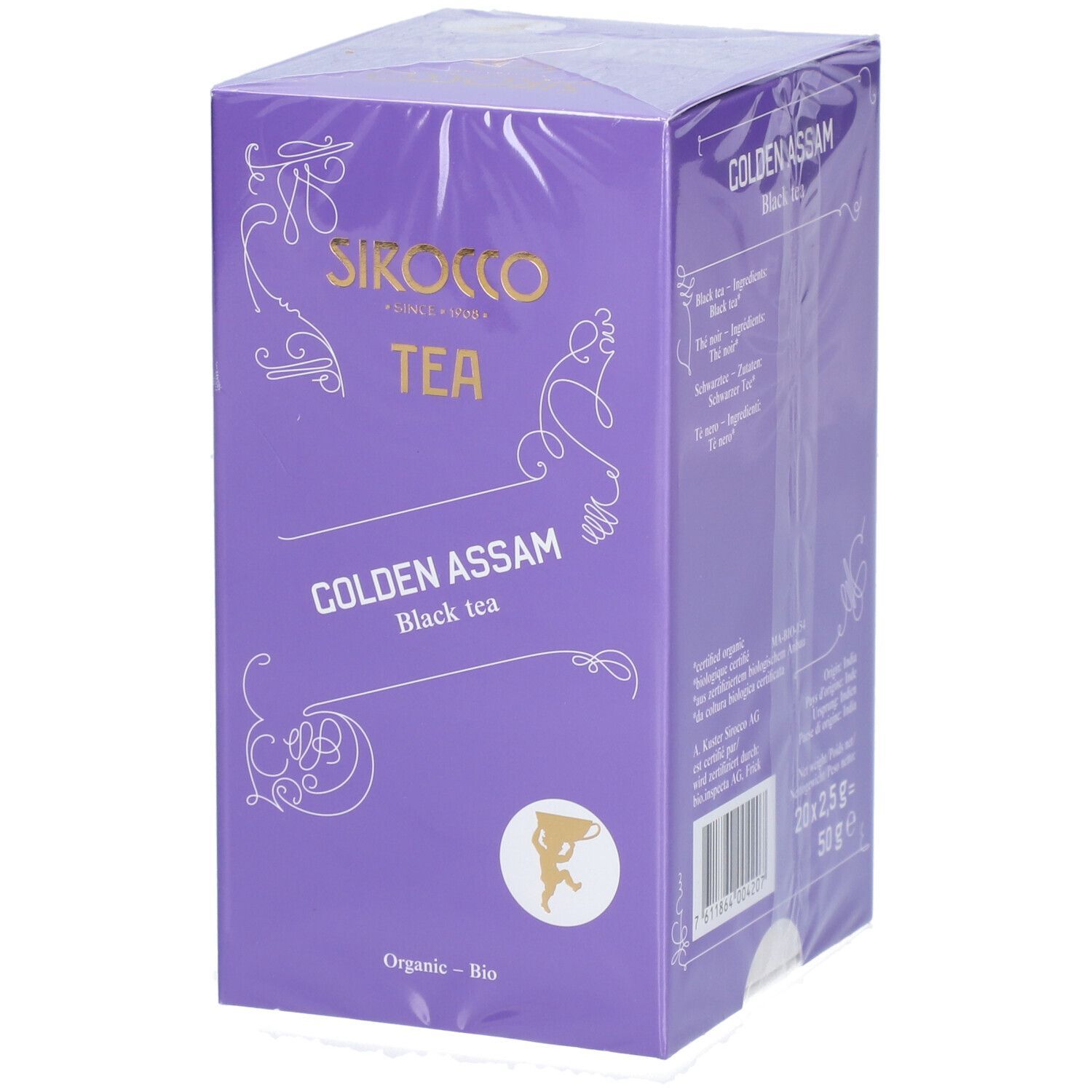 Violette Verpackung mit "Sirocco Tea Golden Assam". Aufschrift und Logo. Durchsichtige Folie.