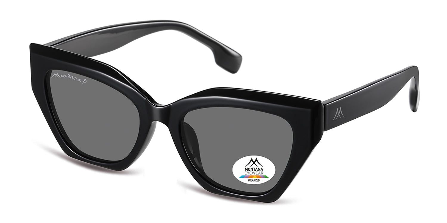 Schwarze Sonnenbrille, graue Gläser. Katzenaugenform. Montana Eyewear Logo auf dem Bügel und Glas. Polarisiert.