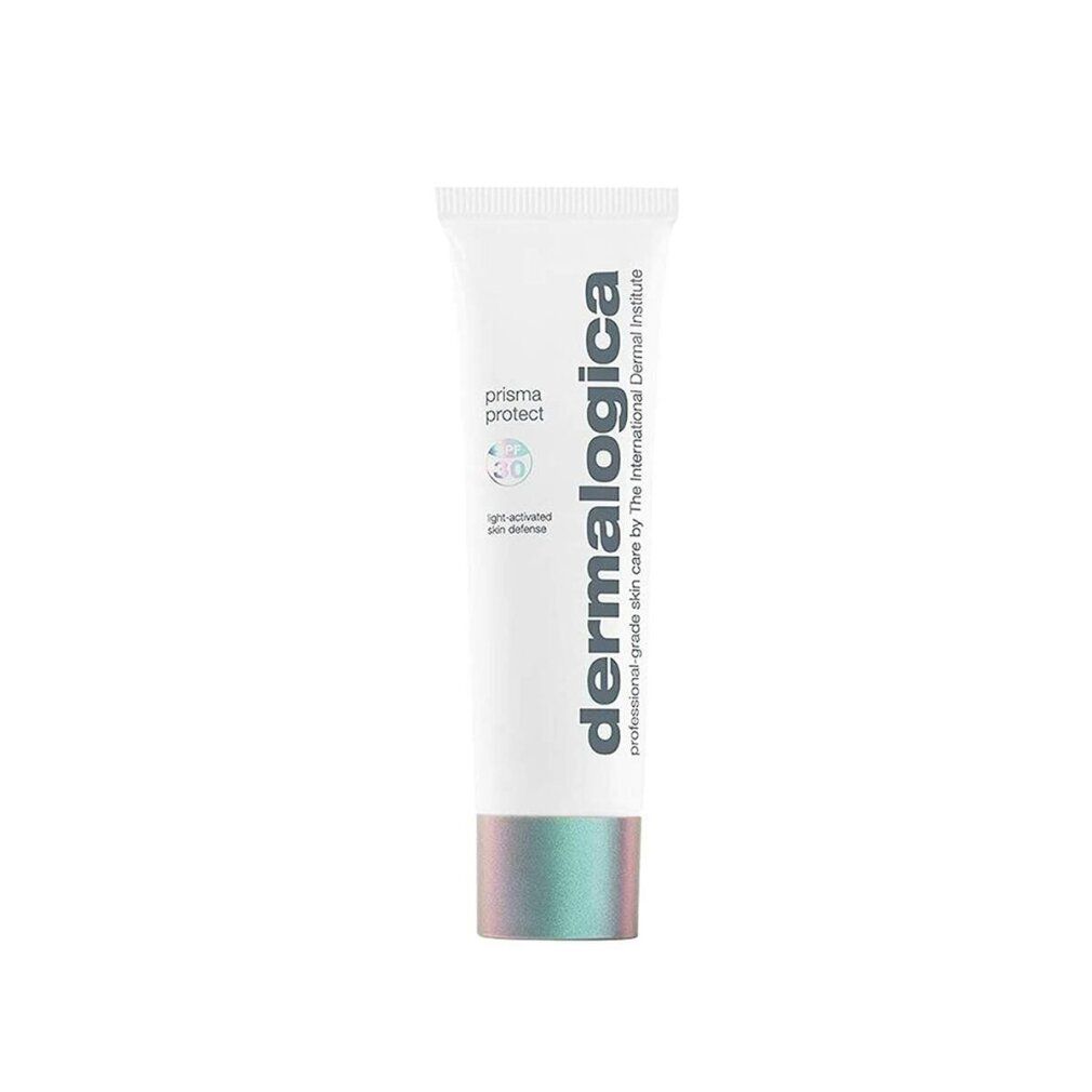 Weiße Tube mit schimmerndem, grün-lila Deckel. Aufschrift: Dermalogica, Prisma Protect SPF30, light-activated skin defense.