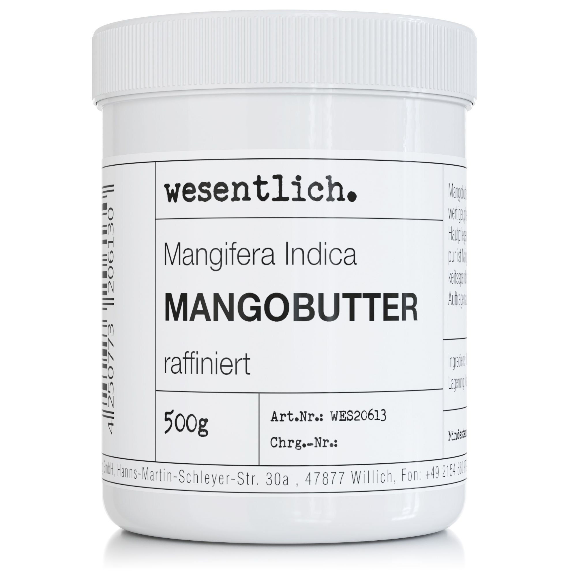 Weißer Tiegel mit Produktetikett. Aufschrift: wesentlich., Mangobutter, raffiniert, 500g. Barcode und weitere Angaben.