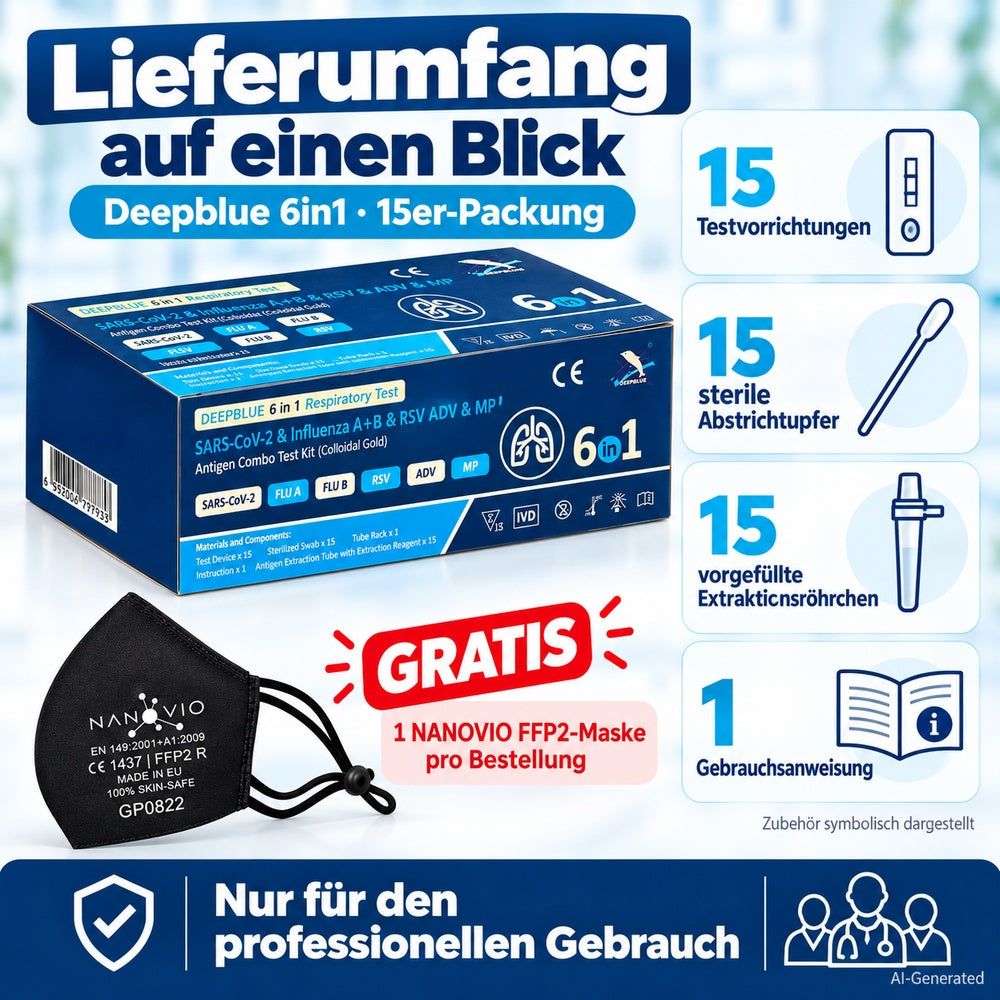 Deepblue 6in1 Antigen Combo Test Kit, 15er-Packung mit 15 Tests, 15 Abstiffstiften, 15 Röhrchen und Anleitung. Inklusive FFP2-Maske.