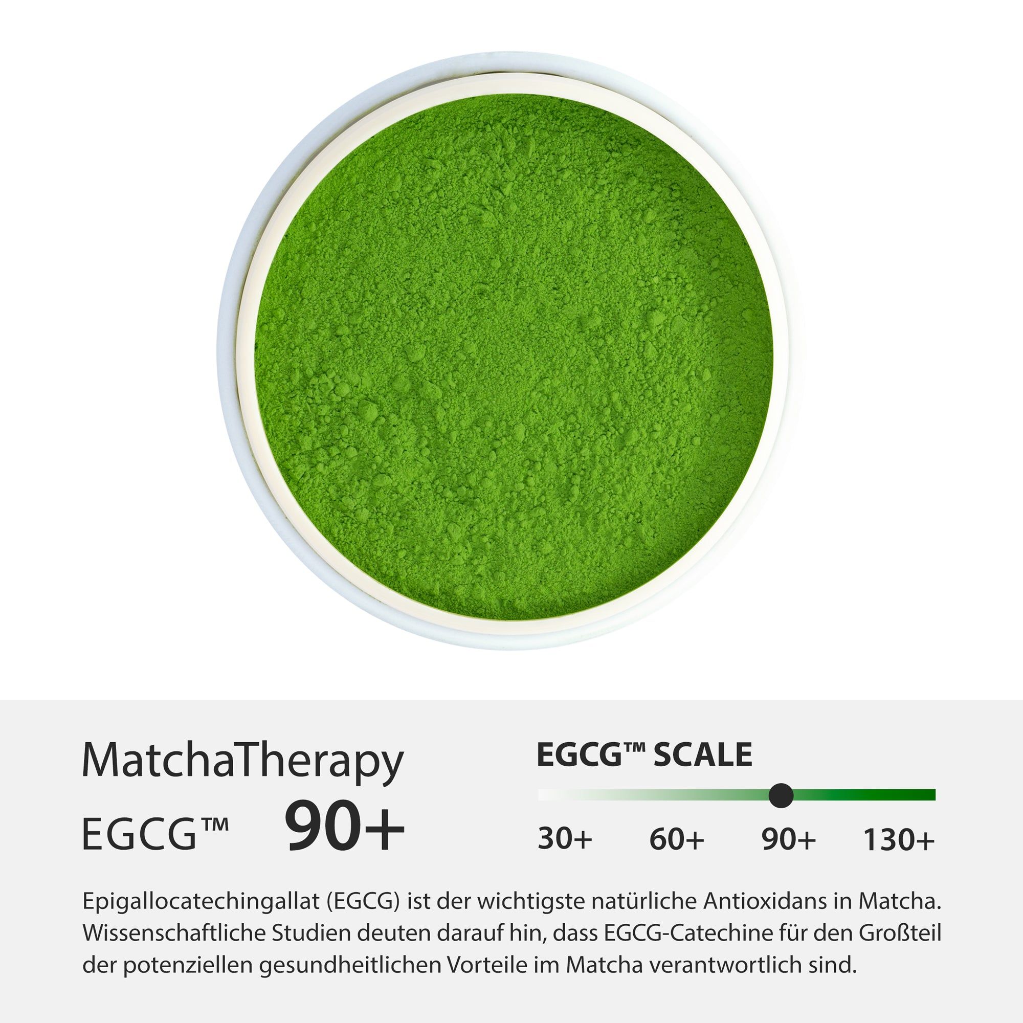 Draufsicht auf grünes Matcha-Pulver in einem weißen Behälter. Text: MatchaTherapy, EGCG 90+ und eine Skala.