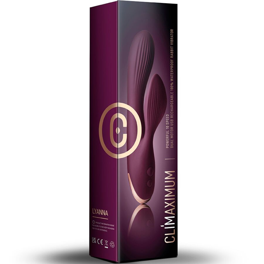 Verpackung mit lila Vibrator-Abbildung. Logo 'C' und Produktname 'Climaximum'. Text: 'LYANNA'.