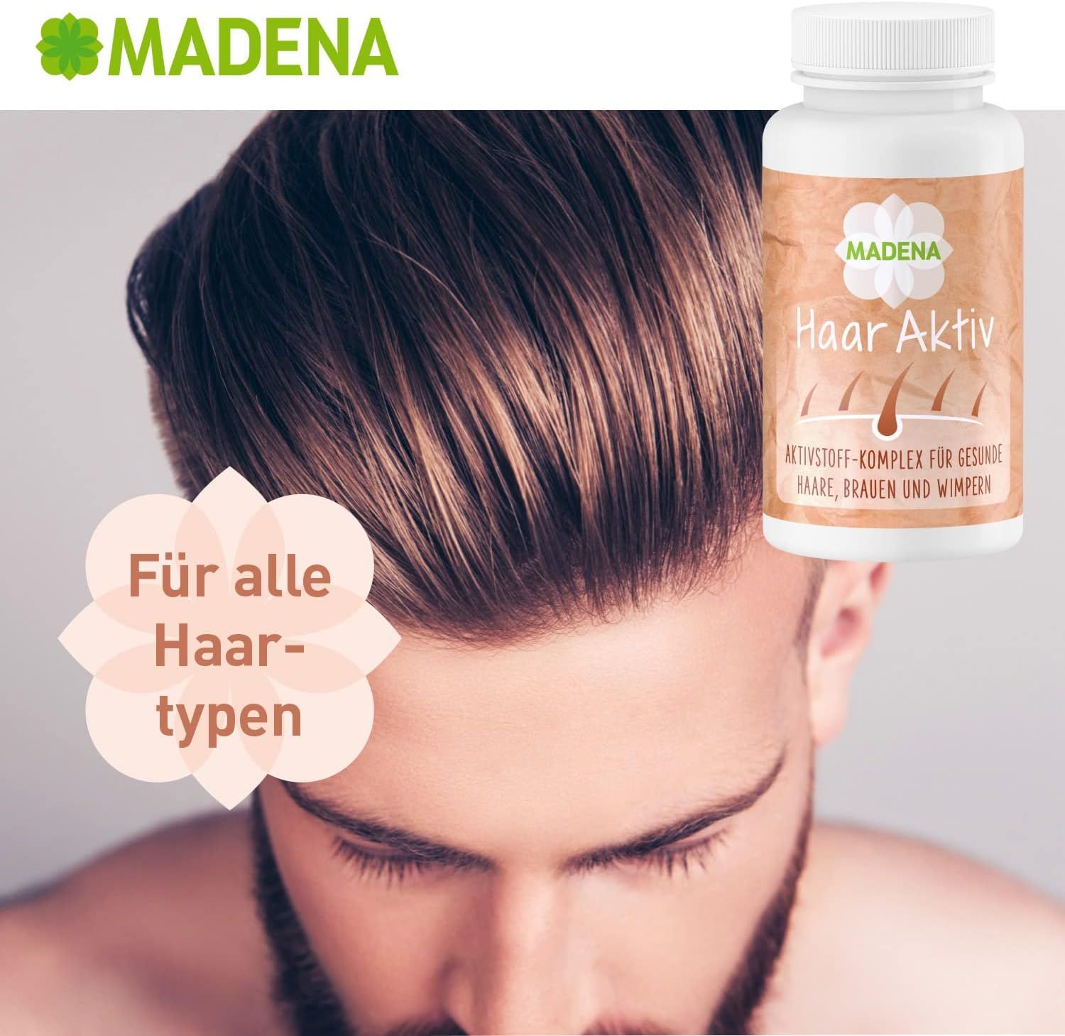 MADENA Haar Aktiv Kapseln, Flasche neben Mann mit kurzem, braunem Haar. Text: 'Für alle Haartypen'.