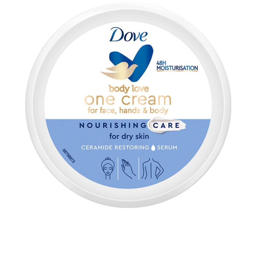 Weißer Tiegel mit blauem Deckel. Aufschrift: Dove, body love, One Cream, Nourishing Care. Für Gesicht, Hände & Körper. 48h Feuchtigkeitspflege.
