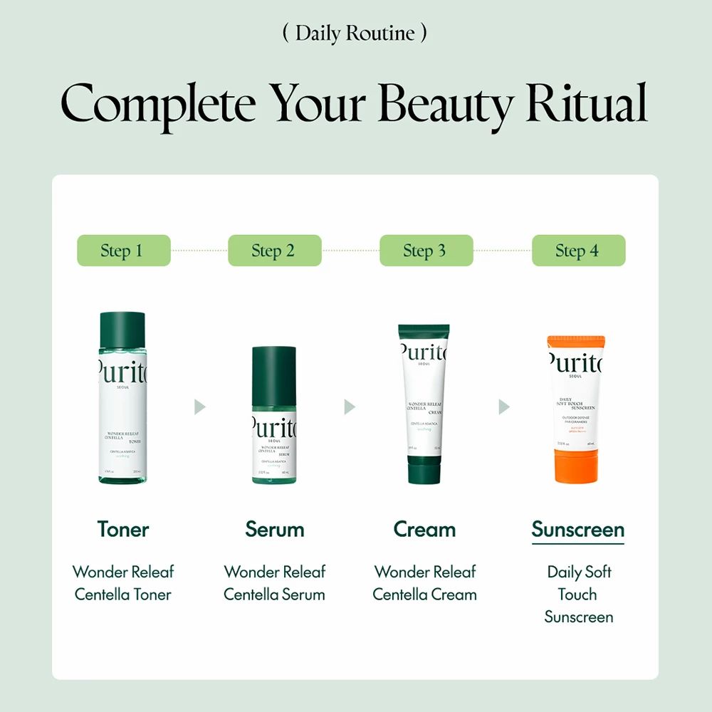 Vier Produkte in einer Beauty-Routine. Toner, Serum, Creme, Sonnencreme. Sonnencreme: Daily Soft Touch Sunscreen.
