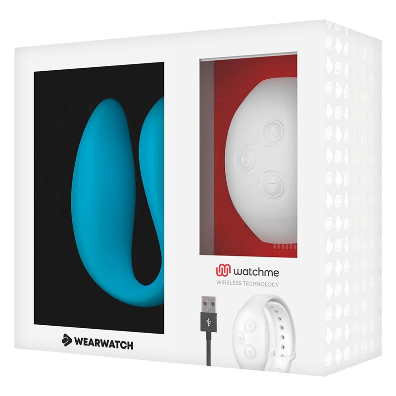 Verpackung mit Wearwatch-Vibrator und Armband. Watchme-Logo und USB-Kabel.