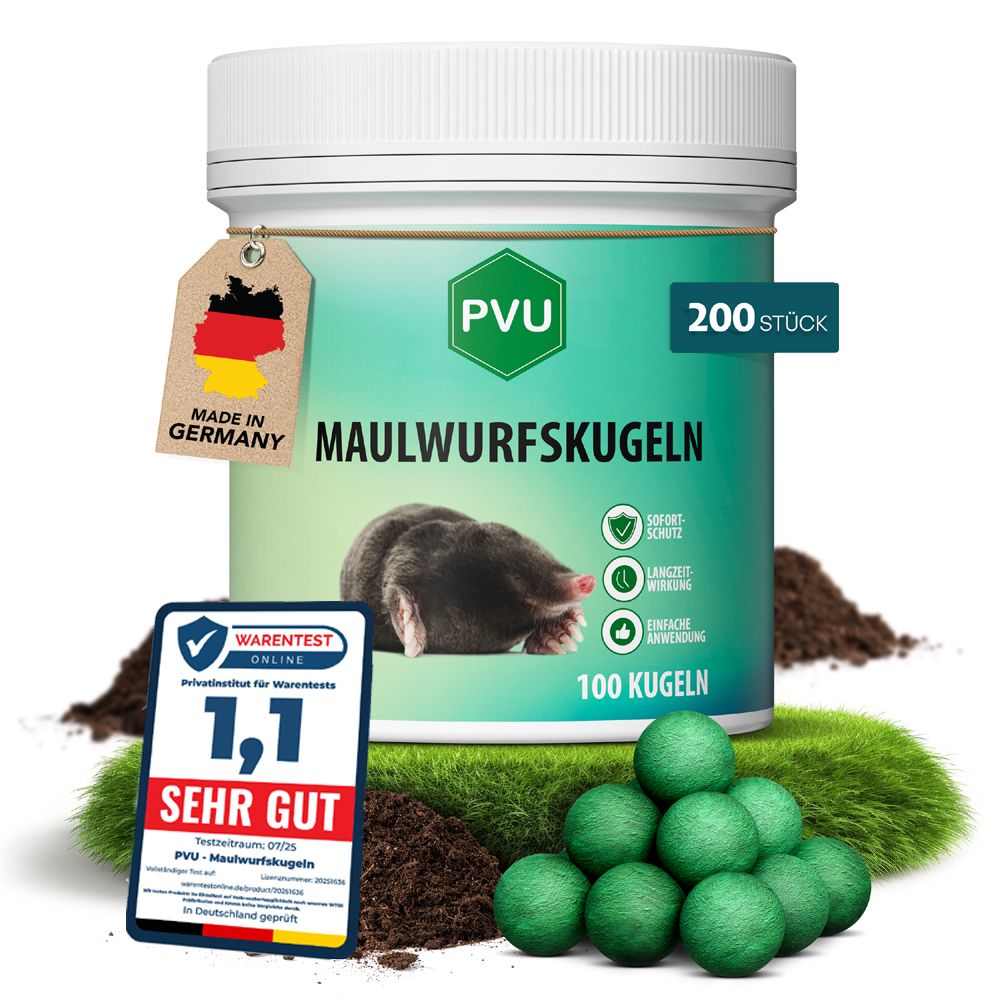 Produktgebinde mit Text. Aufschrift: PVU Maulwurfskugeln. 200 Stück. Siegel 'Made in Germany'.