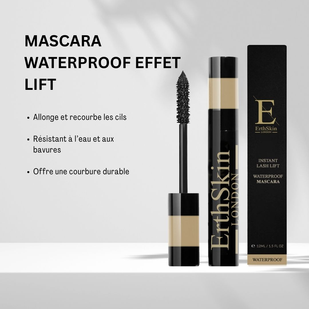 Mascara-Tube und -Bürste, daneben eine schwarze Verpackung mit goldfarbenem Logo und Text. Text: "Mascara Waterproof Effet Lift".