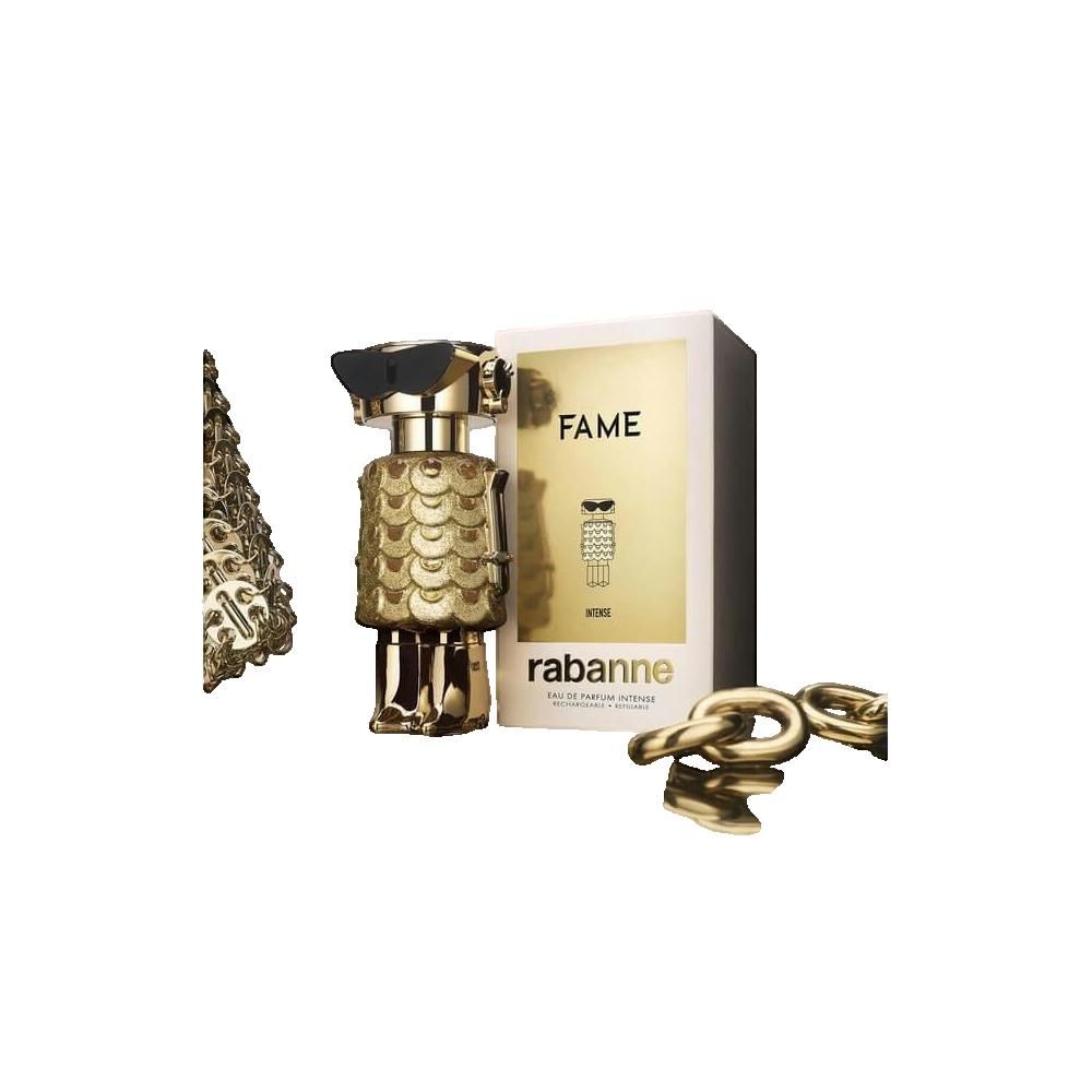Goldener Flakon, Verpackung und Kette. Flakon in Roboterform, goldene Schuppen. Verpackung mit Logo.