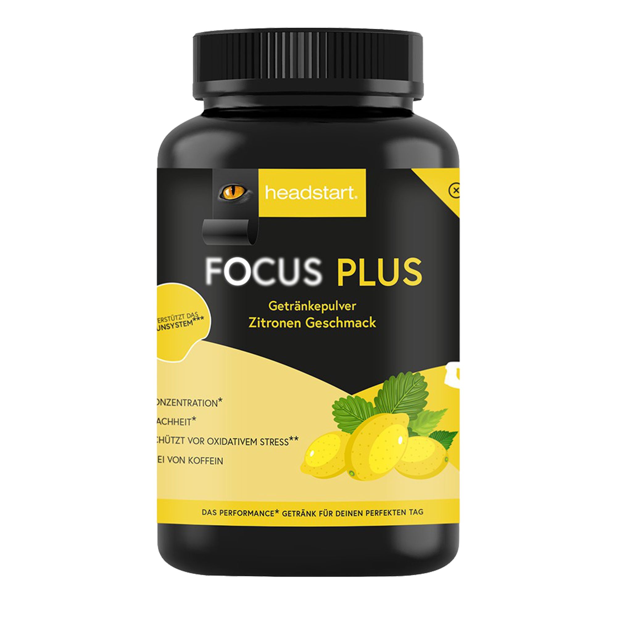Schwarze Flasche mit gelbem Etikett. "headstart FOCUS PLUS" und "Zitronen Geschmack" sind sichtbar. Abbildung von Zitronen.